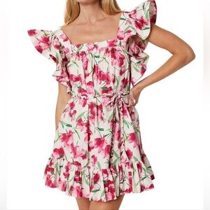 MISA Los Angeles Selma Dress Fushia Floral Trapeze Ruffled M Feminine Coquette